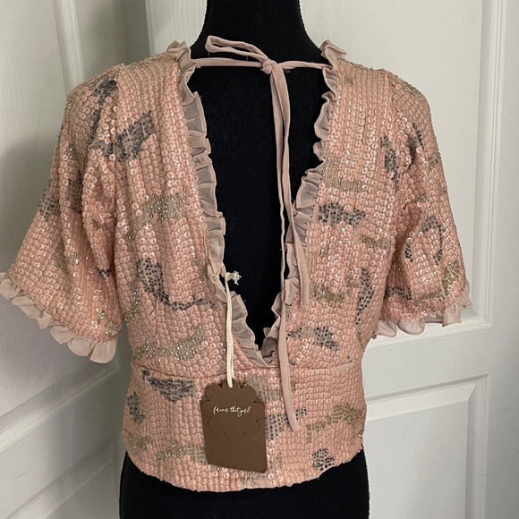 Anthropologie Girl sequined all over Top blush L party ocassion - Picture 8 of 13